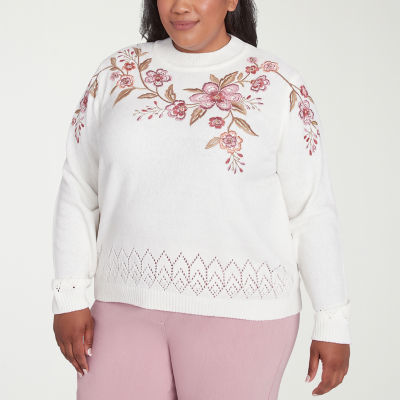 Alfred Dunner Plus Telluride Womens Mock Neck Long Sleeve Floral Pullover Sweater