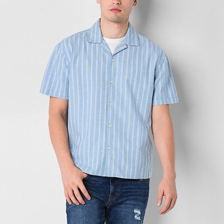 Arizona Mens Regular Fit Short Sleeve Striped Button-Down Shirt, X-large, Blue