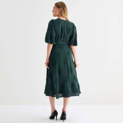 Melonie T Womens Elbow Sleeve Floral Midi Fit + Flare Dress