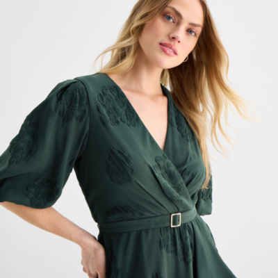 Melonie T Womens Elbow Sleeve Floral Midi Fit + Flare Dress