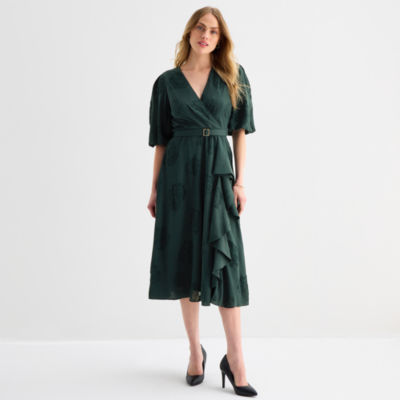 Melonie T Womens Elbow Sleeve Floral Midi Fit + Flare Dress