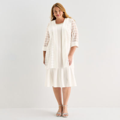 Maya Brooke Womens Plus Beaded Windowpane Midi Jacket Dress