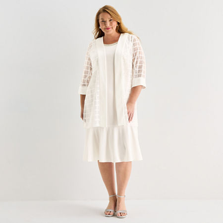 Maya Brooke Womens Plus Beaded Windowpane Midi Jacket Dress In White