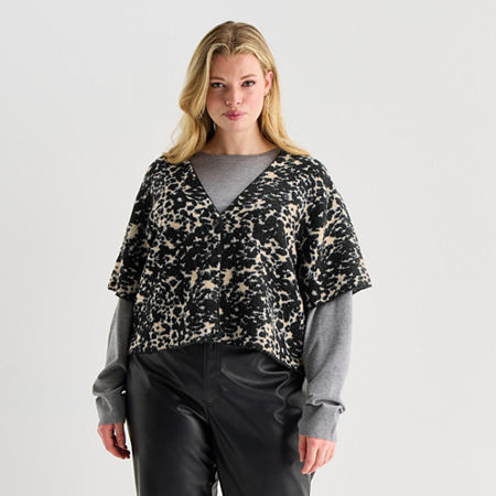 Worthington Plus Womens V Neck Short Sleeve Animal Pullover Sweater