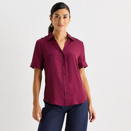 Worthington Womens Short Sleeve Satin Blouse, Small, Red