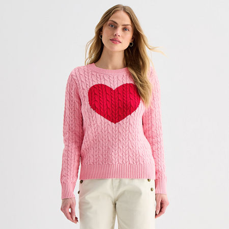 St. John's Bay Womens Crew Neck Long Sleeve Cable Knit Pullover Sweater, Petite X-small, Pink