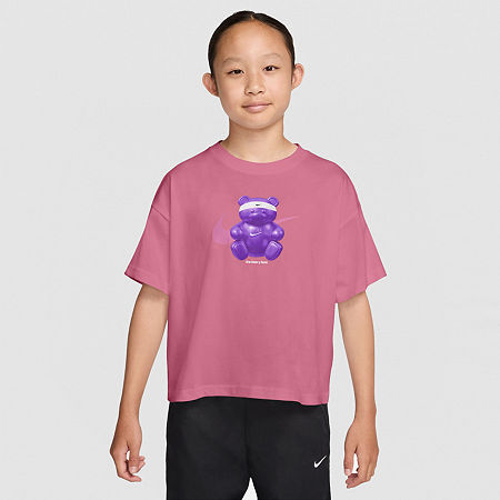 Nike Club Big Kid Girls Crew Neck Short Sleeve Oversized Graphic T-Shirt, Large, Pink