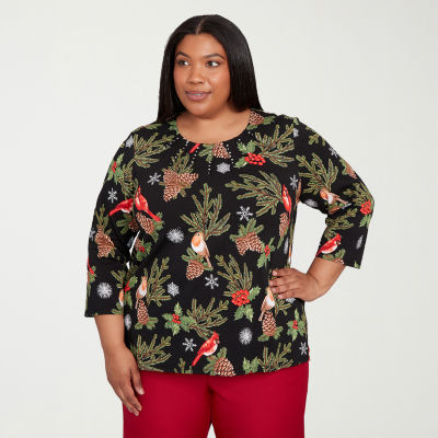 Alfred Dunner Classics Womens Plus Crew Neck 3/4 Sleeve T-Shirt