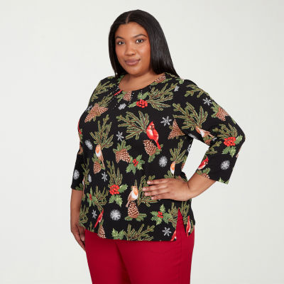 Alfred Dunner Classics Womens Plus Crew Neck 3/4 Sleeve T-Shirt