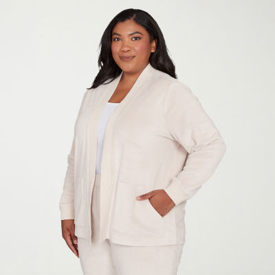 Alfred Dunner Calm Luxe Womens Plus Long Sleeve Open Front Cardigan