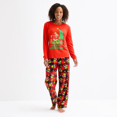 Womens Dr. Seuss Grinch Microfleece Crew Neck Long Sleeve 2-pc. Matching Family Tall Pajama Sets