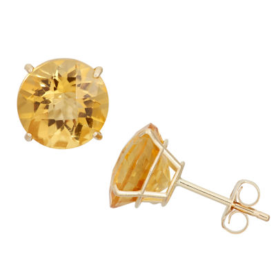 Genuine Yellow Citrine 10K Gold 8mm Stud Earrings