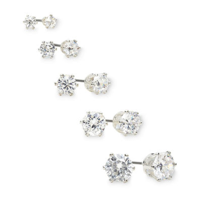 Mixit Hypoallergenic Silver Tone Stud 5 Pair Cubic Zirconia Round Earring Set