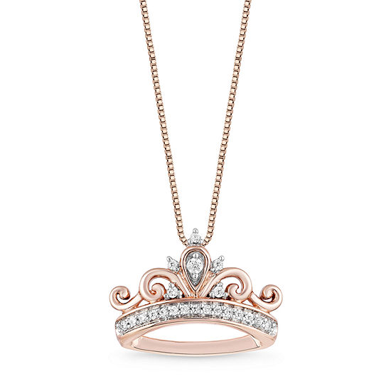 Enchanted Disney Fine Jewelry Womens 1/10 CT. T.W. Genuine White Diamond 10K Rose Gold Over Silver Crown Princess Pendant Necklace