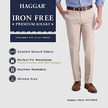 Haggar Men's Iron Free Premium Khaki Straight Fit Flat Front Flex Waist  Casual Pant Sand 30 x 30 at  Men's Clothing store