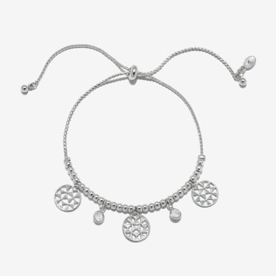 Bijoux Bar Silver Tone Filigree Cubic Zirconia Link Round Bolo Bracelet