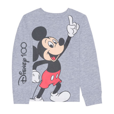 Disney Collection 100 Little & Big Boys Crew Neck Mickey and Friends Mouse Long Sleeve Graphic T-Shirt