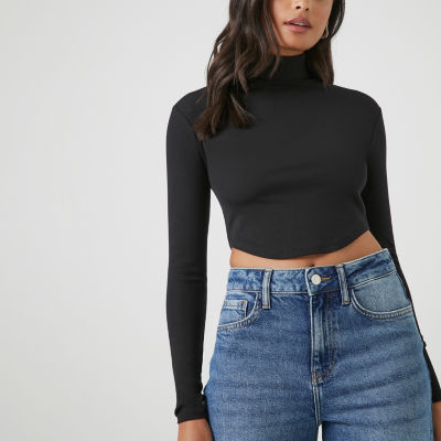 Forever 21 Womens Mock Neck Long Sleeve Crop Top Juniors