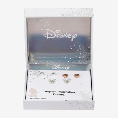 Disney Classics Womens Cubic Zirconia 14k Rose Gold Over Brass Heart Mickey Mouse 3 Pair Earring Set