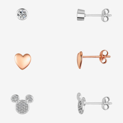 Disney Classics Womens Cubic Zirconia 14k Rose Gold Over Brass Heart Mickey Mouse 3 Pair Earring Set