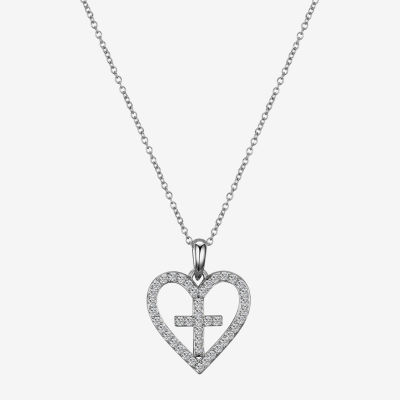 Gratitude & Grace Faith Cubic Zirconia Pure Silver Over Brass 16 Inch Cable Cross Heart Pendant Necklace