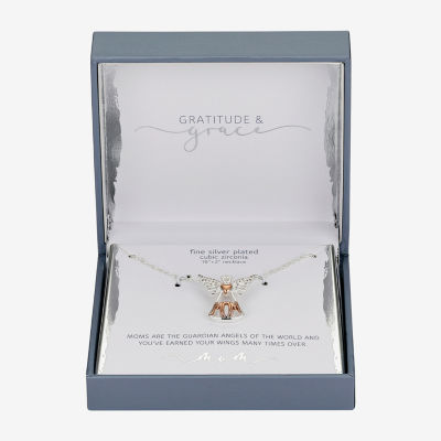 Gratitude & Grace Mom Cubic Zirconia 14K Gold Over Brass Pure Silver Over Brass 16 Inch Cable Angel Pendant Necklace