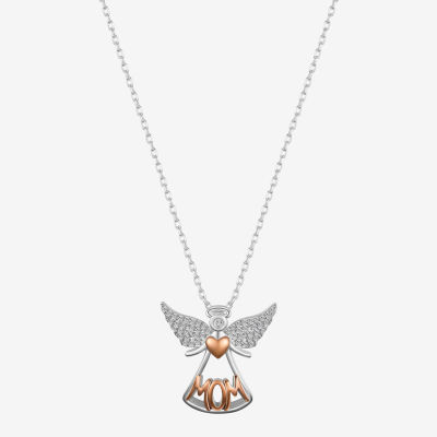 Gratitude & Grace Mom Cubic Zirconia 14K Gold Over Brass Pure Silver Over Brass 16 Inch Cable Angel Pendant Necklace