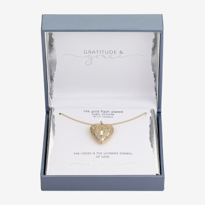 Gratitude & Grace Love Cubic Zirconia 14K Gold Over Brass 16 Inch Cable Cross Heart Pendant Necklace