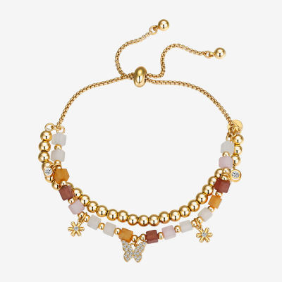 Footnotes Beautiful Cubic Zirconia 14K Gold Over Brass Bead Butterfly Flower Bolo Bracelet