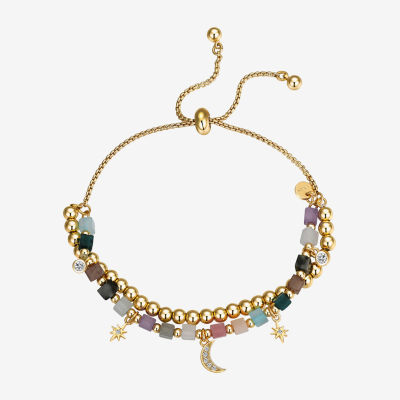 Footnotes Love Cubic Zirconia 14K Gold Over Brass Pure Silver Over Brass Bead Moon Star Bolo Bracelet