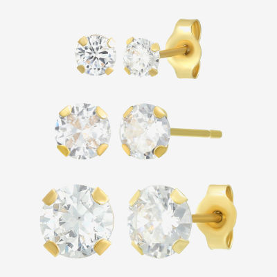 White Cubic Zirconia 14K Gold Round Pair Earring Set