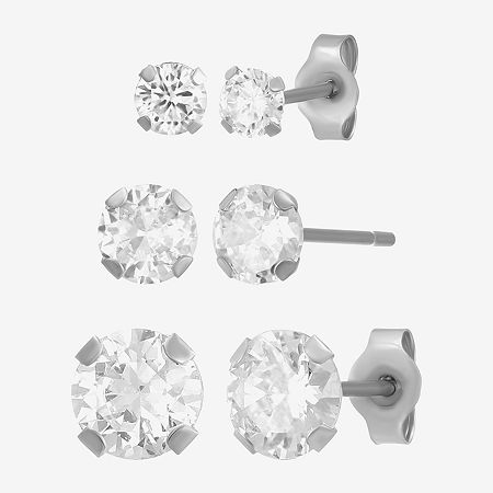 White Cubic Zirconia 14K White Gold Round 3 Pair Earring Set, One Size