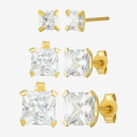 White Cubic Zirconia 14K Gold Round 3 Pair Earring Set, One Size