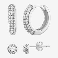 White Cubic Zirconia Sterling Silver 2 Pair Earring Set, One Size