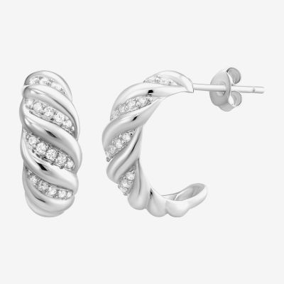 White Cubic Zirconia Sterling Silver Round Hoop Earrings