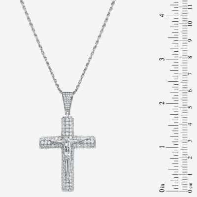 Mens White Cubic Zirconia Sterling Silver Cross Pendant Necklace