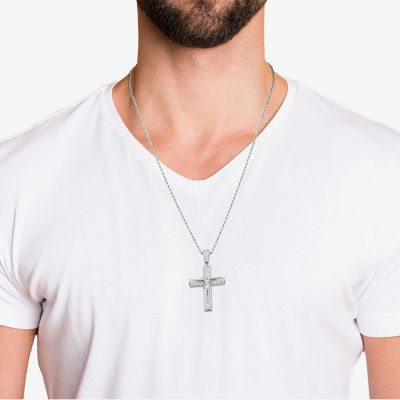 Mens White Cubic Zirconia Sterling Silver Cross Pendant Necklace