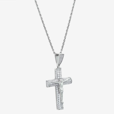 Mens White Cubic Zirconia Sterling Silver Cross Pendant Necklace