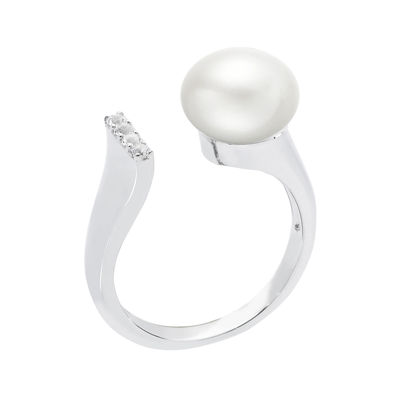 Cultured Freshwater Pearl and Genuine White Topaz Sterling Silver Open Ring