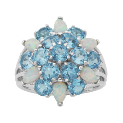 Genuine Swiss Blue Topaz and Lab-Created Opal Cluster Ring