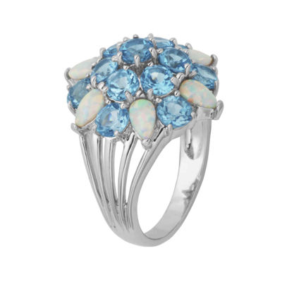 Genuine Swiss Blue Topaz and Lab-Created Opal Cluster Ring