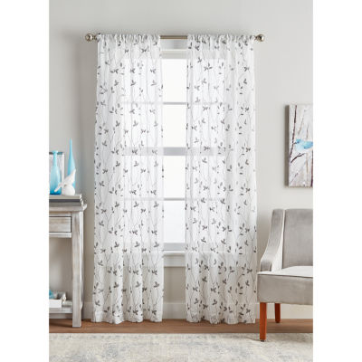 CHF Botanical Embroidery Rod Pocket Embroidered Sheer Set of 2 Curtain Panel
