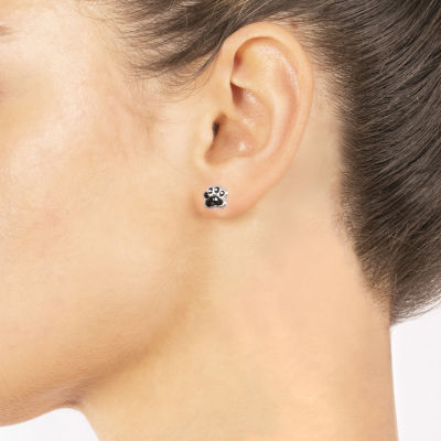 Silver Treasures Paw Print Black Crystal Stud Earrings