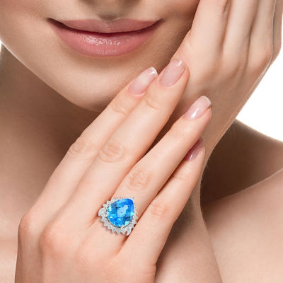 Effy Final Call Womens 1/5 CT. Genuine Blue Topaz 14K White Gold Halo Cocktail Ring
