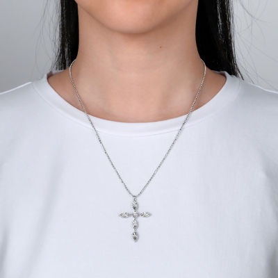 Womens White Cubic Zirconia Sterling Silver Cross Pendant Necklace