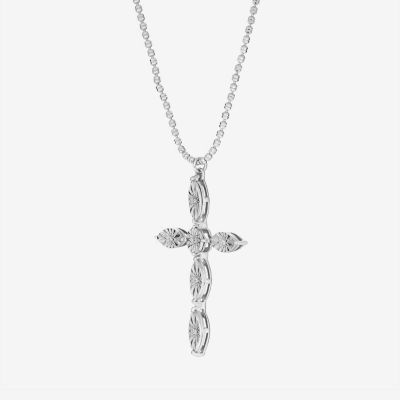 Womens White Cubic Zirconia Sterling Silver Cross Pendant Necklace