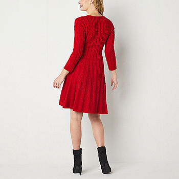 Jessica Howard 3/4 Sleeve Cable Knit Sweater Dress, Color: Red