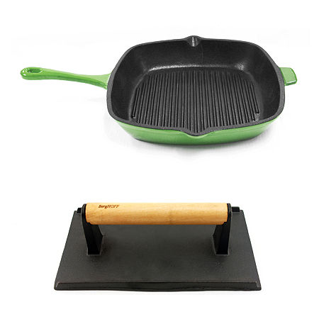 BergHOFF Neo Cast Iron Grill Pan And Bacon/Steak Press Set, One Size, Green