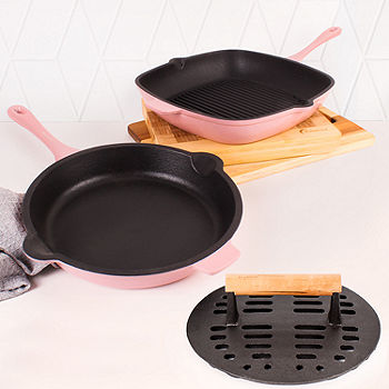 BergHOFF Neo 2pc Cast Iron Grill Set, Grill Pan & Bacon/Steak Press, Oyster