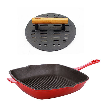 BergHOFF Neo Cast Iron Grill Pan And Slotted Steak Press Set, One Size, Red